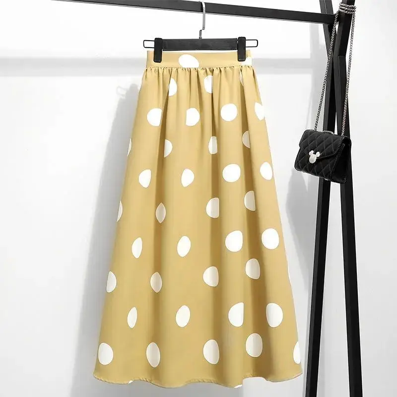 Summer 2023 Polka Dot High Waist A-Line Midi Skirt Women's Full Circle Print Gored Skirt Elegant Flowing Style for Ladies