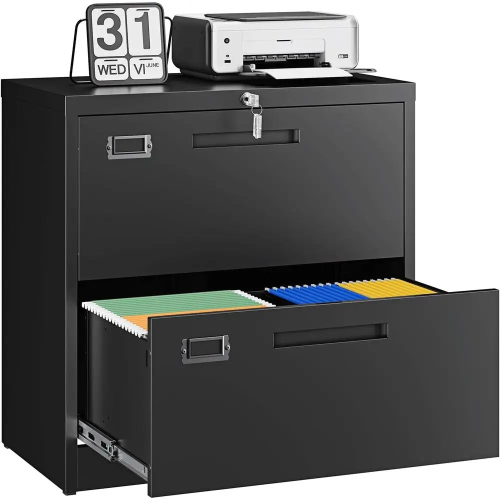 Cabinet with Lock, Metal Lateral Filing Cabinet for Home Office, Hanging Letter/Legal/A4 Size (Black, H27.95×W28.35×D15.74)