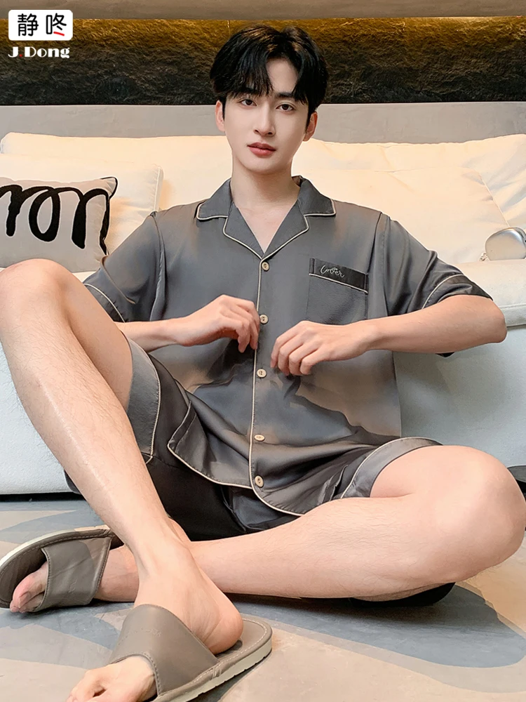 ice-silk-short-sleeve-summer-sleepwear-men's-casual-home-clothes-large-size-leisure-set-youth-polyester-fiber