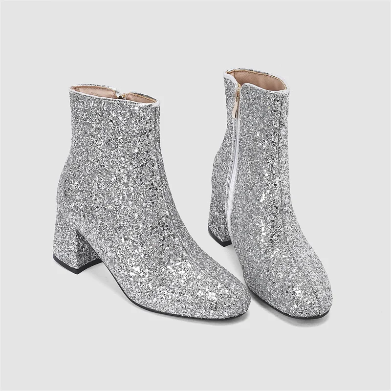 Bลyszczฤ
ce zimowe damskie botki do kostki Srebrne Zลote Czerwone Cekiny Party Dress Office Lady High Block Heel Glitter Zipper Short Boots