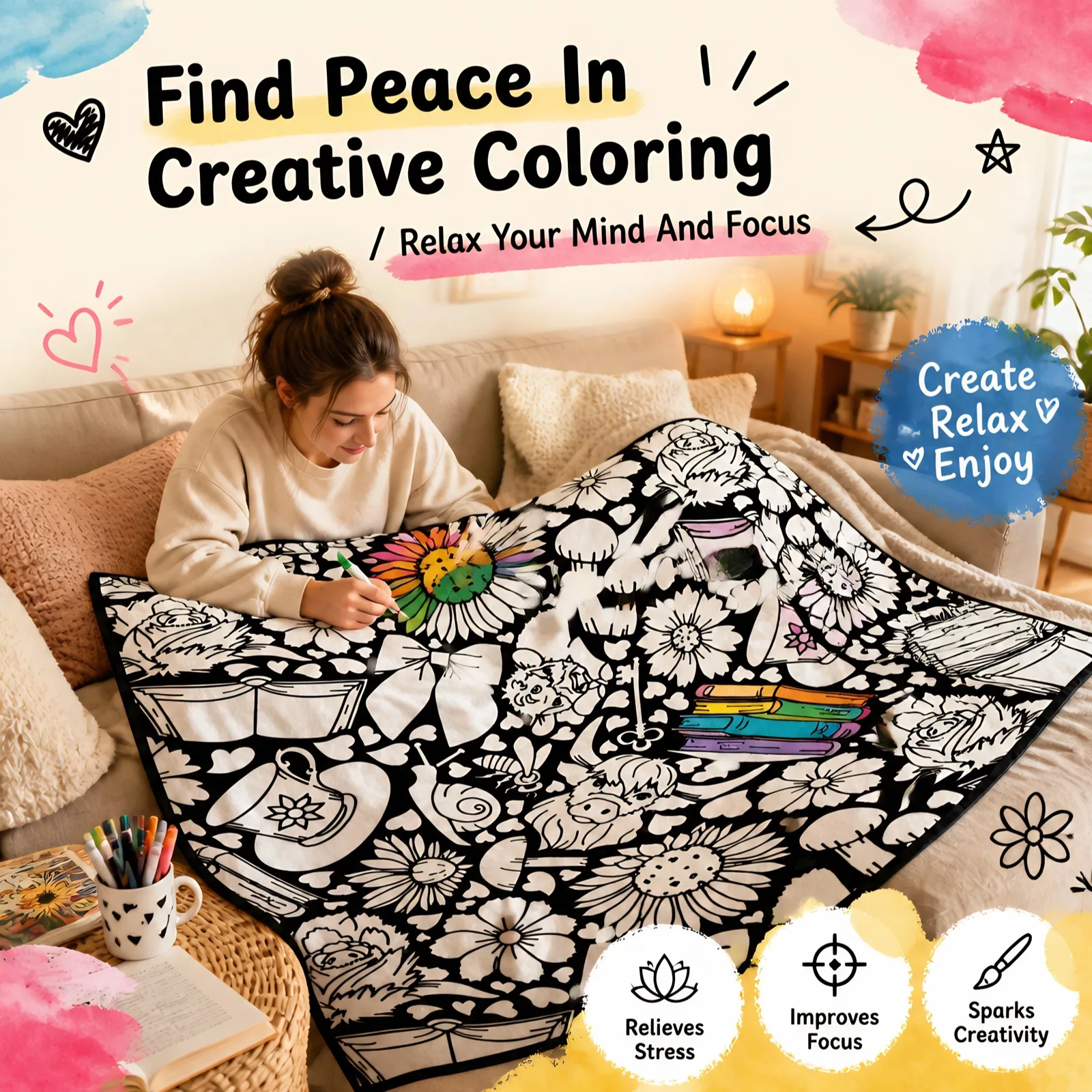 1pc DIY Color Blanket Handmade Coloring Craft Blanket 130x150cm Birthday Gift for Families Friends Lovers DIY Enthusiasts