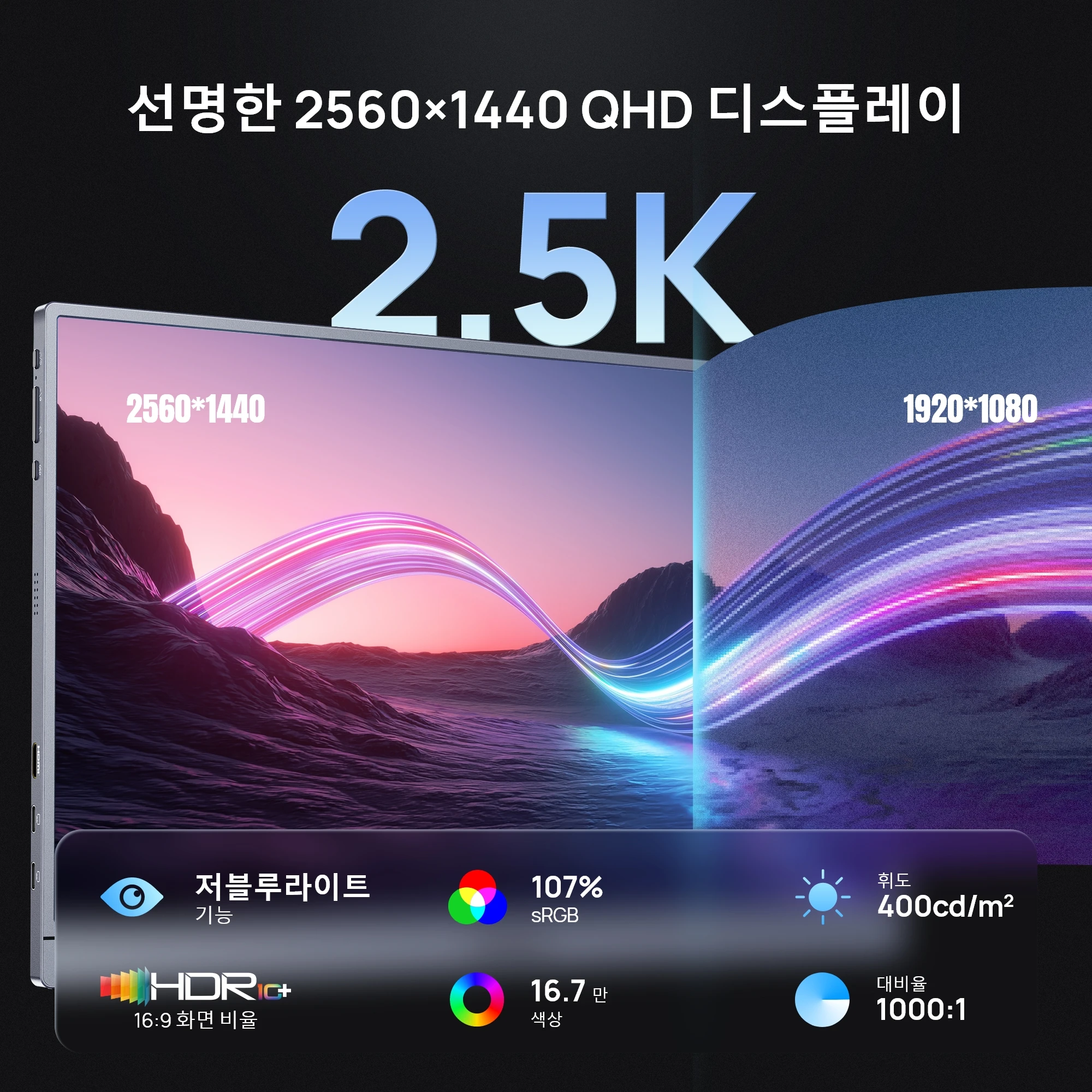 [신제품]ARZOPA 16.1인치 2.5K 180Hz 휴대용 모니터 2560*1440, Type-C 포함, 보관 가방 포함, Z3FC