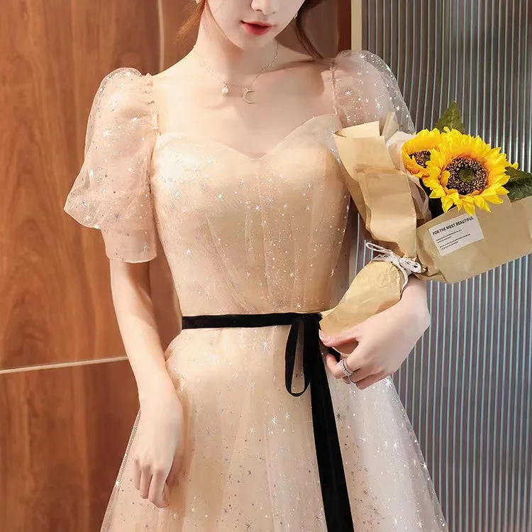 Robe de soirée Champagne, manches bouffantes, ligne a, longueur au sol, dos à lacets, robe de bal, de Banquet, Haute Couture