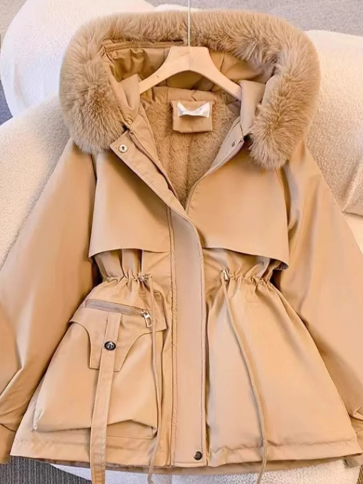 

Women's Winter Thickened Fleece Lined down Parka Coat Korean Style Standard Fit Loose Outerwear Warm Zipper Closure Long Sleeve