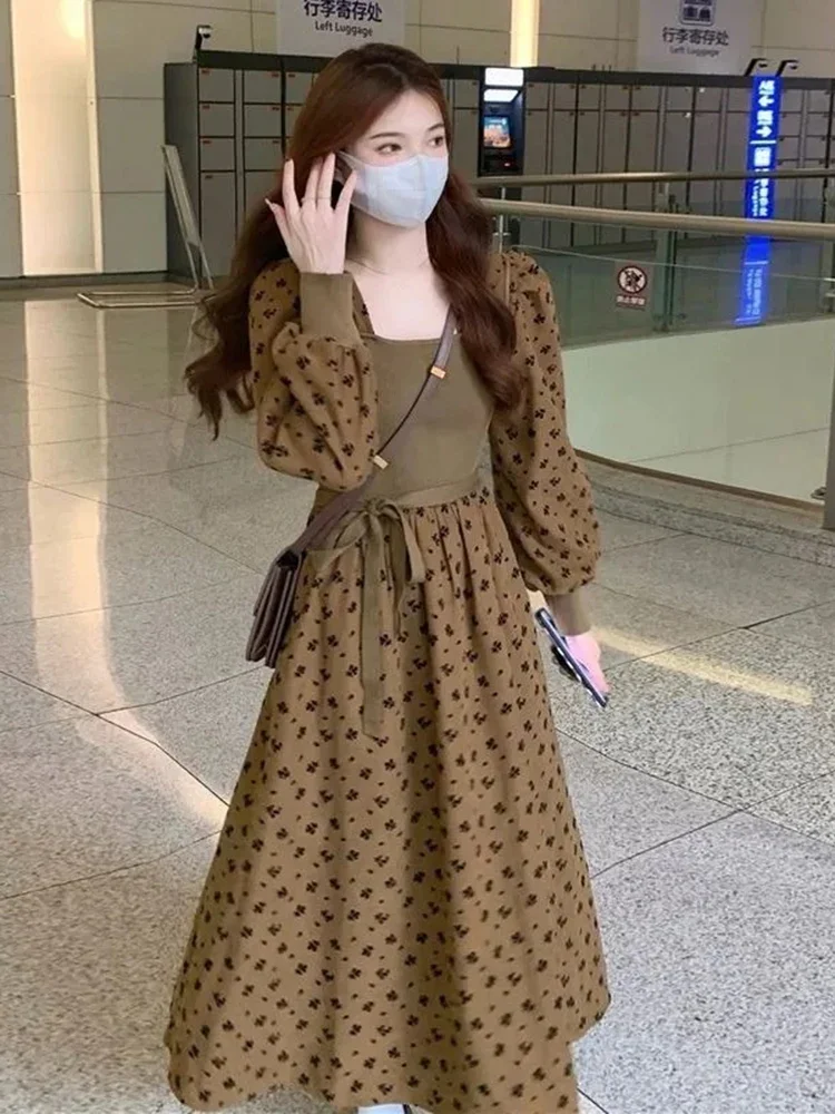 ชุดเดรสไหมพรมลายดอกไม้ คอเหลี่ยม สไตล์เกาหลี สำหรับผู้หญิง ฤดูใบไม้ผลิ ฤดูใบไม้ร่วง แบบ 2 ชิ้นในตัวเดียว