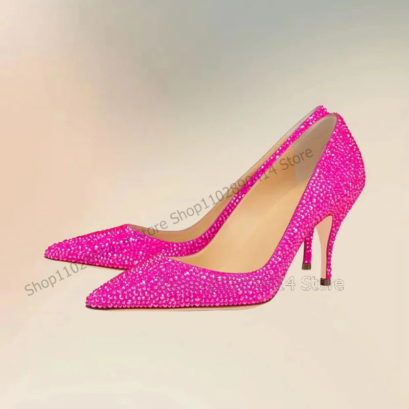 Rose Red Rhinestone Decor Shallow Pointed Toe Pumps Slip On Women Shoes Thin High Heels Fashion Party 2024 Zapatos Para Mujere