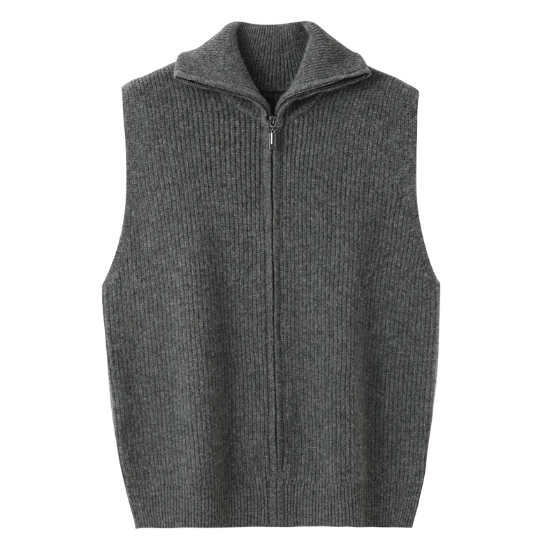 Women Cashmere Waistcoat Zippers Mock Neck Sweater Cardigan Autumn Winter 100% Merino Wool Knitted Striped Sleeveless Thick Vest