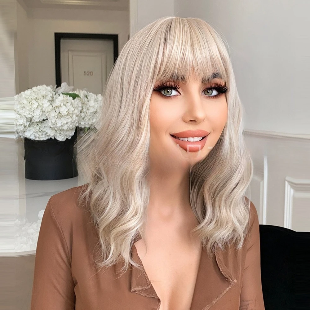

European and American gray-gold wig daily bangs water ripple women's wig full headgear