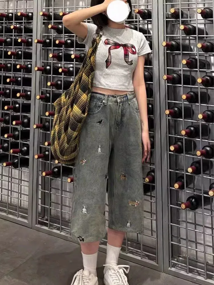 

Джинсовые брюки большого размера с вышивкой в стиле ретро, семь футов, женские свободные тонкие прямые брюки, модные широкие брюки с высокой талией...