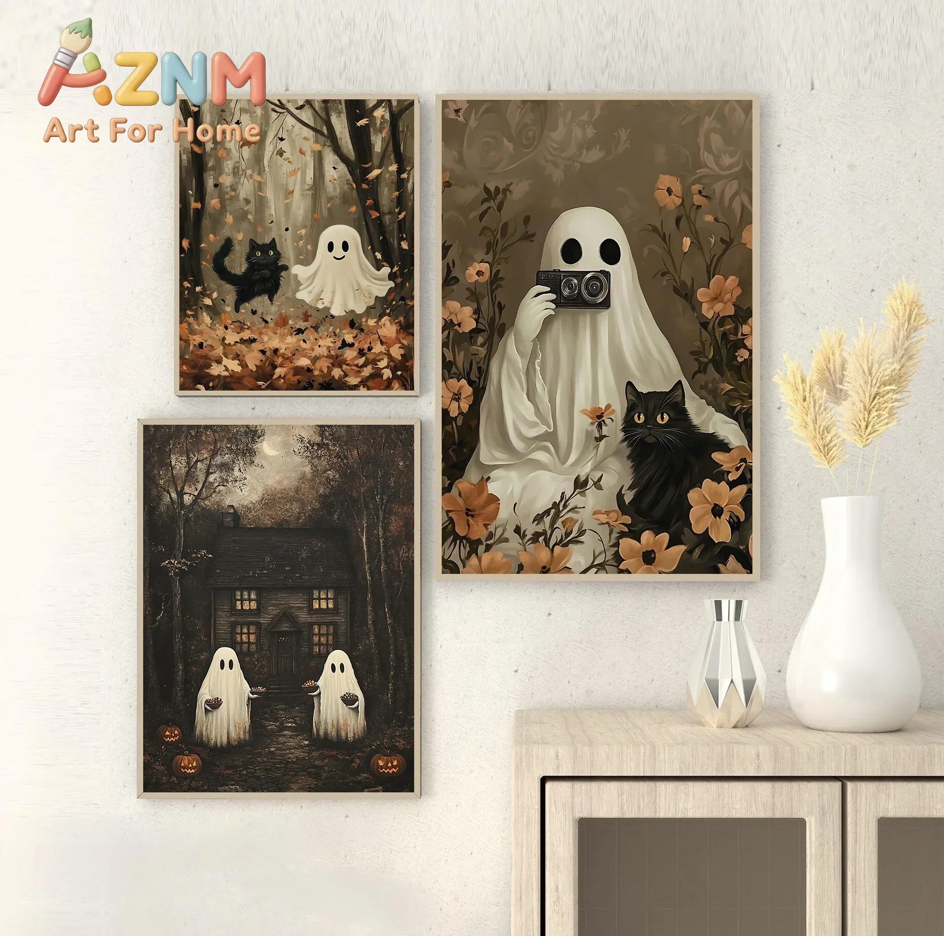 Retro Autumn Halloween Canvas Class Flower Scary Ghost and Dark Pumpkin Black Cat Wall Art Poster Modern Living Room Home Decor