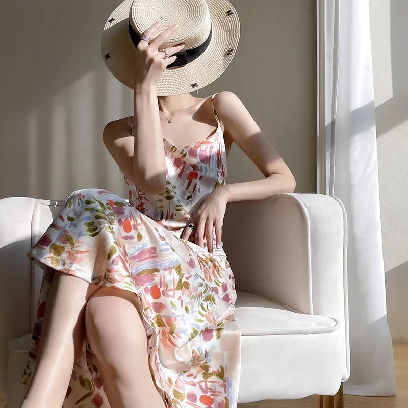 Nuevo Vestido largo de satén de seda de gama alta con estampado Floral V-Ne A-Line para mujer, vestido de tirantes adelgazante de verano