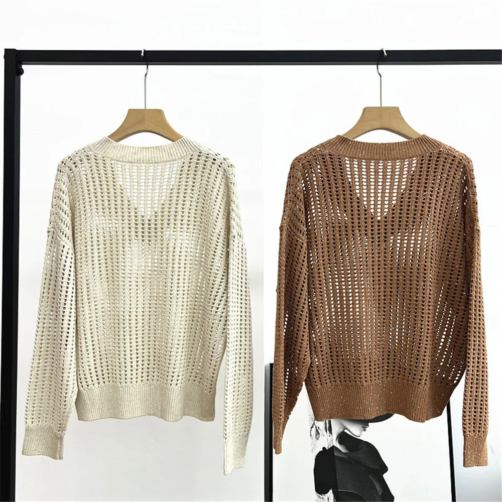 

New 25 Early Autumn Women's Pullover V-neck Long Sleeved Loose Sequined Wool Linen Hollow Knitted Top