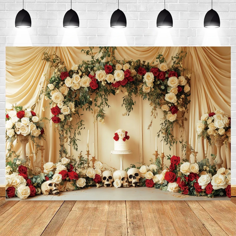 هالوين الرعب تحت عنوان الجمجمة الورود الزفاف خلفية الزهور الحمراء الشموع الاطفال الطفل التصوير الكبار التصوير الفوتوغرافي الدعائم الخلفيات