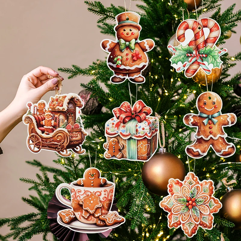 12Pcs Christmas Gingerbread Man Ornaments Santa Claus Paper Card Pendant Xmas Tree Hanging Decoration For Home New Year Gift Tag