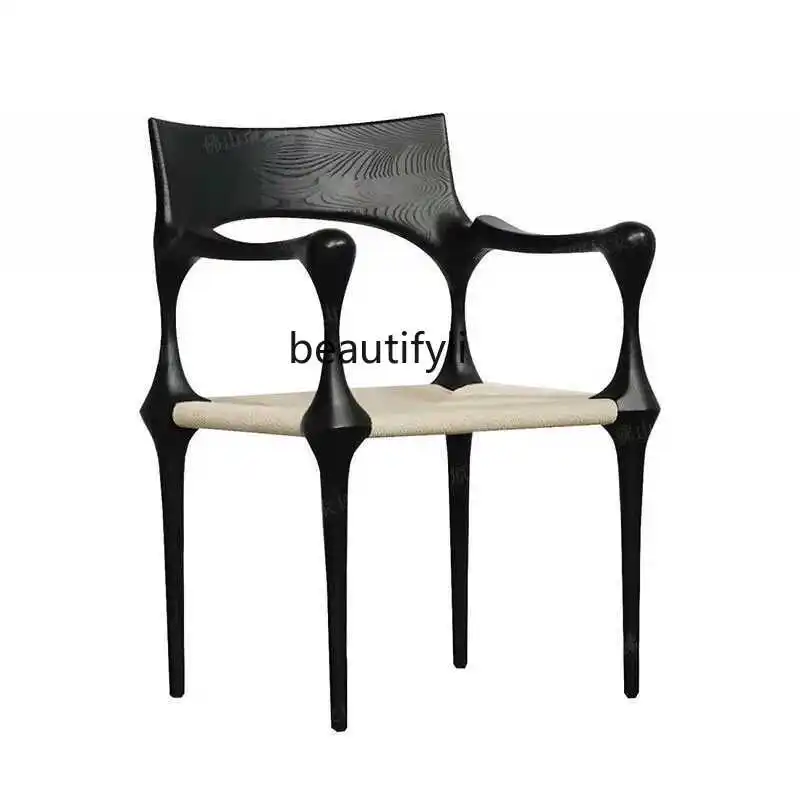 

Medieval high-end solid wood retro dining chair high backrest creative leisure single designer rattan black dining chair