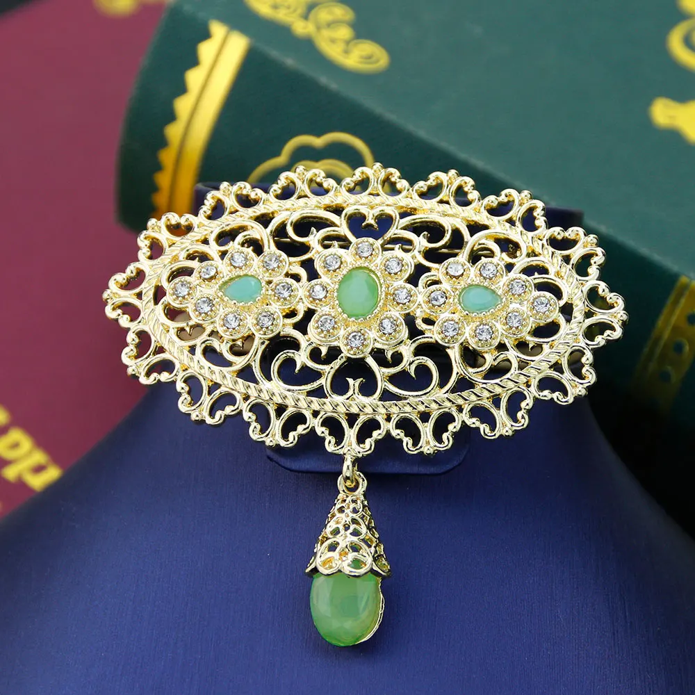 Gold Color Flower Morocco Brooch Arabic Women Lapel Pins Caftan Brooch Bride Wedding Jewelry Crystal Arabesque Bijoux