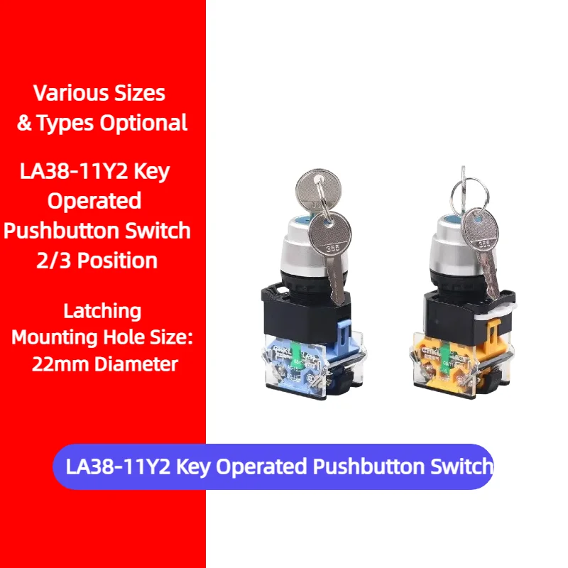 LA38-11Y2/20Y3 Key Lock Selector Switch 2/3 Position Latching 22mm Matte Finish Silver Contact for Industrial Control Equipment
