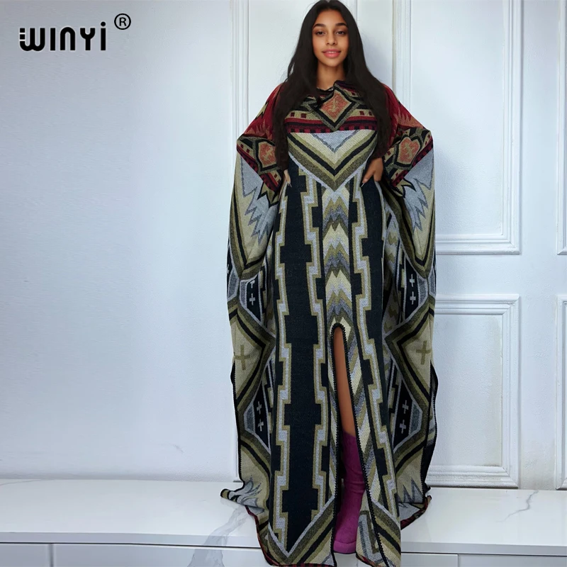 WINYI winter High fork sexy long down dresses cloak maxi kaftan Elegant robe African Women outwears women abaya dubai luxury