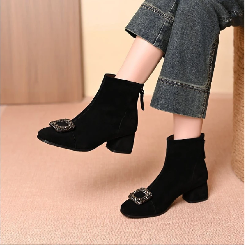 

2025 New Autumn Winter Women's Black Suede Chunky Heel Square Toe Rhinestone Buckle Ankle Boots Vintage Fashion Slim Fit Boots