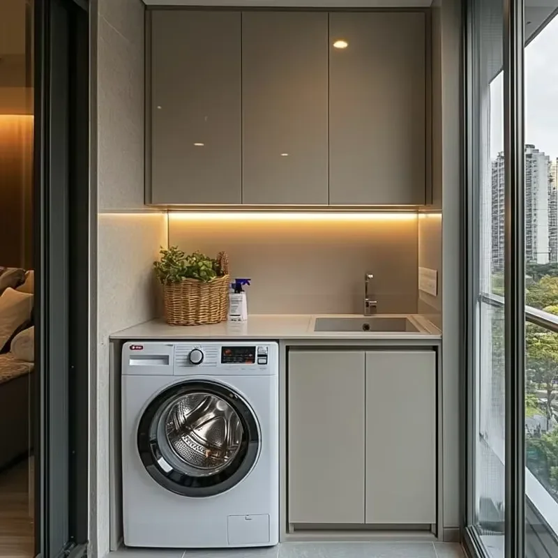 Modern High-end Customized Wood Living Room Storage Cabinet Balcony Laundry Cabinet Handle Free Balcony Cabinet Factory Price