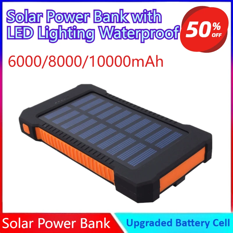 

New 6000/8000/10000mAh Solar Power Bank Portable Large Capacity Charger Compatible with LED Lighting Waterproof Power Bank