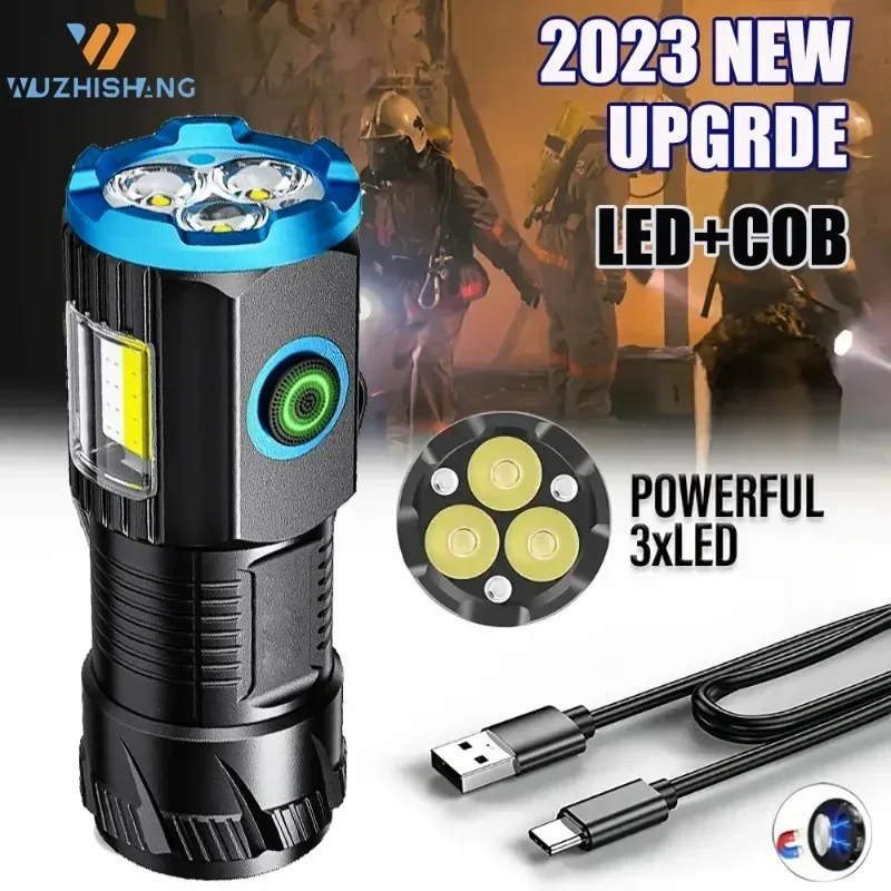 New Upgrade Flashlight with COB Side TYPE-C Rechargeable Waterproof with Magnet for Camping with 18350 battery Torch camping