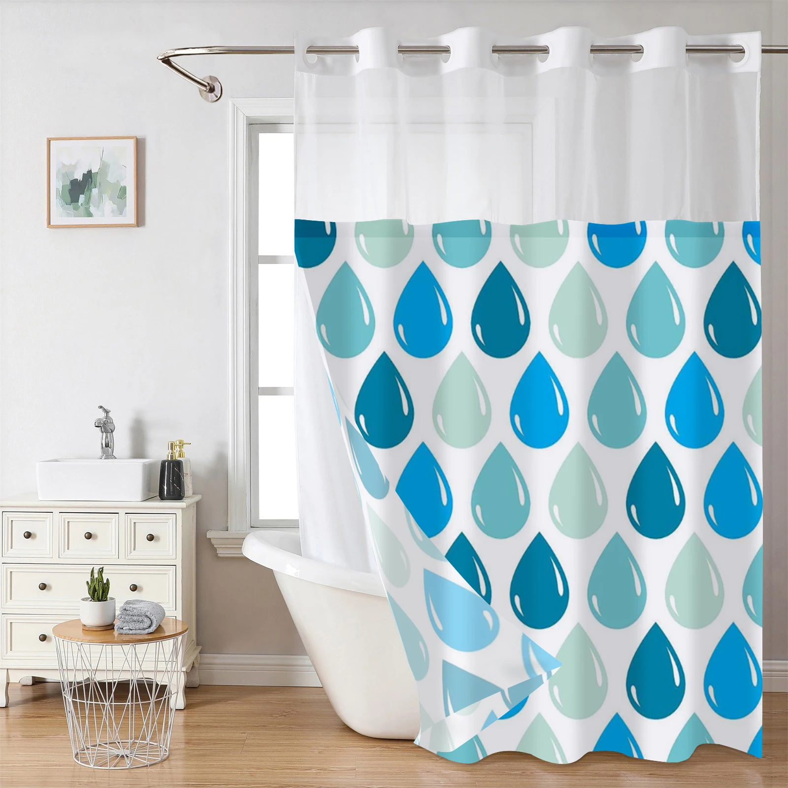 

No Hook water drop pattern Shower Curtain With Snap-in Fabric Liner, Sheer Top Window, Waterproof Double Layer Bathtub curtain
