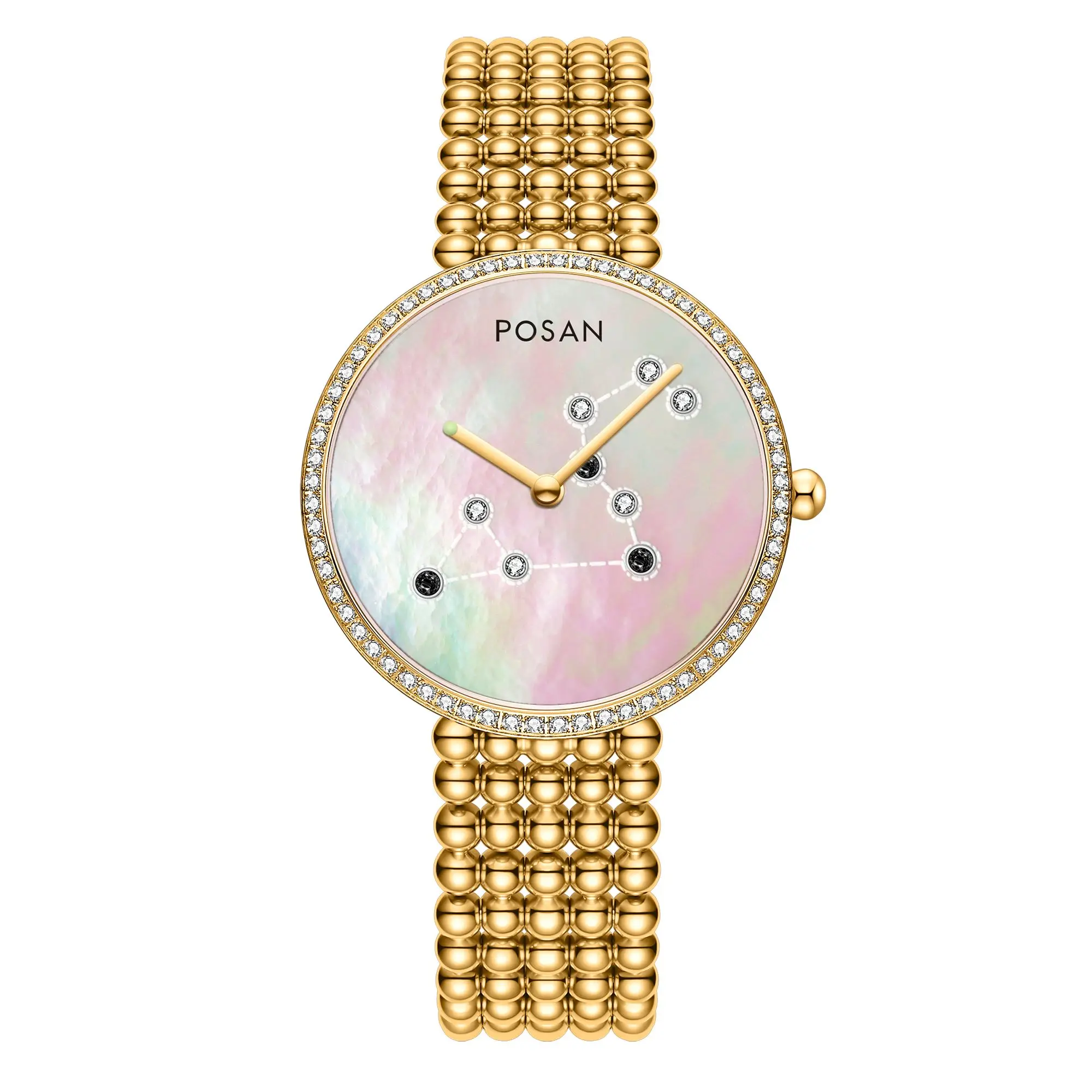 ساعة بوسان كلاسيكية كوارتز للنساء مع قشرة اللؤلؤ ومجموعة الأحجار الكريمة وسوار خرز من الفولاذ المقاوم للصدأ PSW-001C