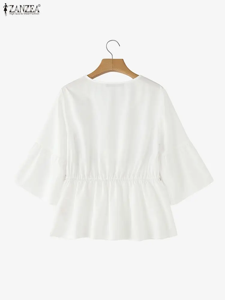 ZANZEA Donna Bohemain Camicetta stampata Camicia estiva Elegante scollo a V Manica a 3/4 Top da vacanza Donna Orlo arricciato Lavoro Blusas Oversize
