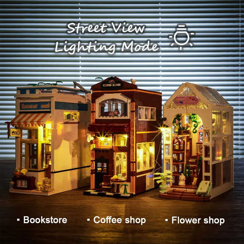 

Streetscape Building Block Kit with LED Strip Bookstore Cafe Flower Shop MOC Model Set for Adults DIY Creative Gift Home Decor
