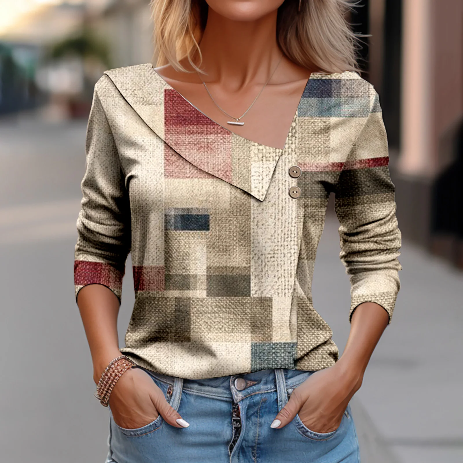 Fashion Geometry Print T-shirt Woman\'s Autumn Casual Long Sleeves Asymmetrical Neckline With Buttons Tshirt Tops For Woman 2024