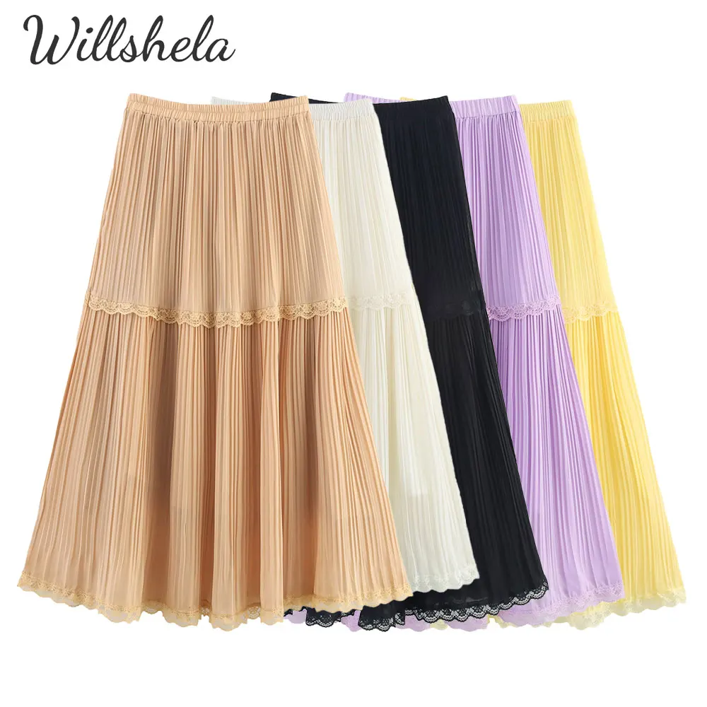 

Willshela Women Fashion Chiffon Lace Pleated Midi Skirt High Elastic Waist Female Chic Lady Casual Long Skirt