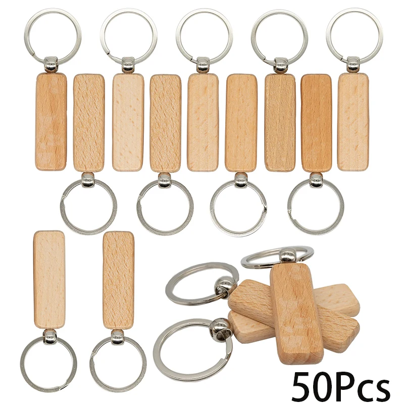 

50Pcs Rectangle Car Blank Chain Gifts Anti Lost Keychain Natural Wood Key Ring