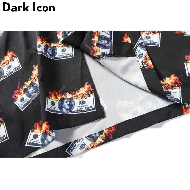 Dark Icon Flame Dollar Button Down Men\'s Shirt Summer Vintage Street Shirts Man Clothes Black