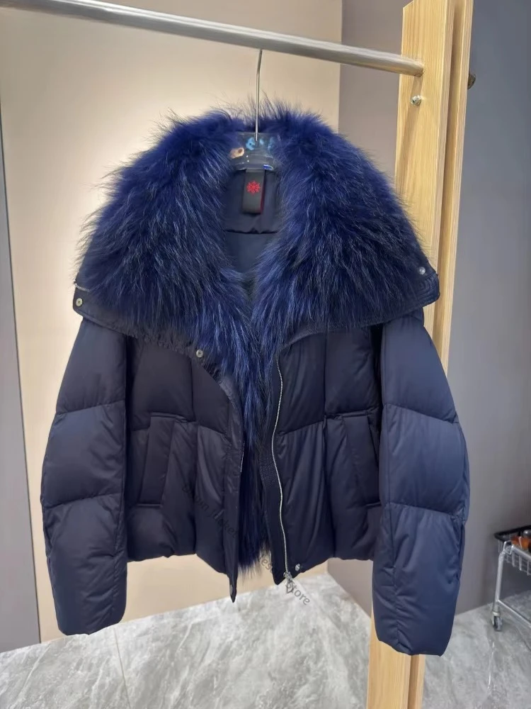 Women's Cropped Jacket with fox fur collar duck Down Coat with raccoon Fur Collar Extra Warm Insulated  for Winter Daily Wear