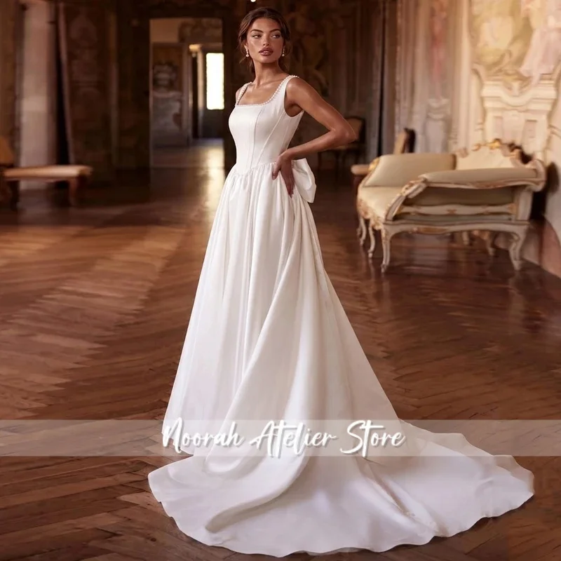 Hot Sale Wedding Dress Customized Sleeveless Square Neck Sleeveless Pearls Bow Back Court Train A Line Bridal Gown Corset