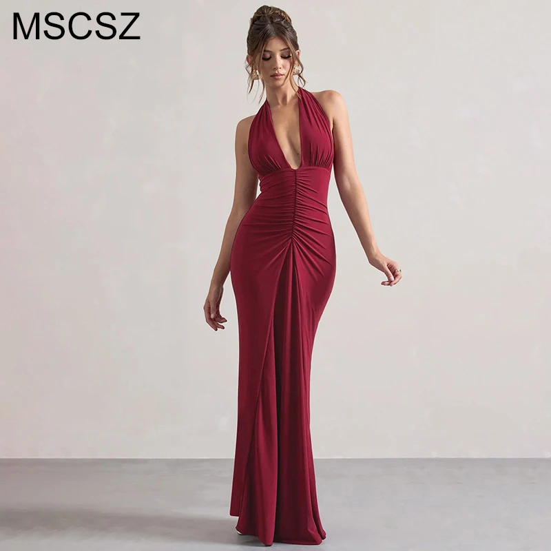 

MSCSZ Sexy Plunging Neckline Maxi Dress Woman Ruched High Waist Long Dress Halter Backless Evening Party Dress Burgundy