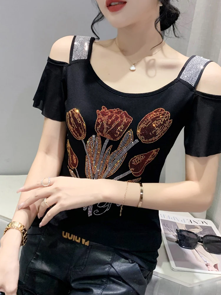 Camiseta Sexy de Um Ombro para Mulheres, Bordada com Pedrarias Pesadas, Cor Pura Geométrica...