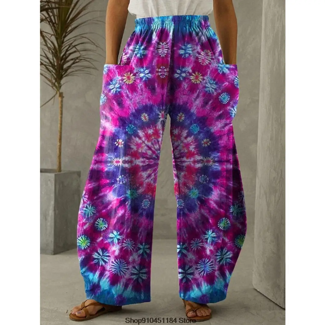 Printed Wide Leg Pants Vintage High Waist Trousers 3D Colorful Tie Dyeing Style Side Pocket Design Loose Casual Wide Leg Pants