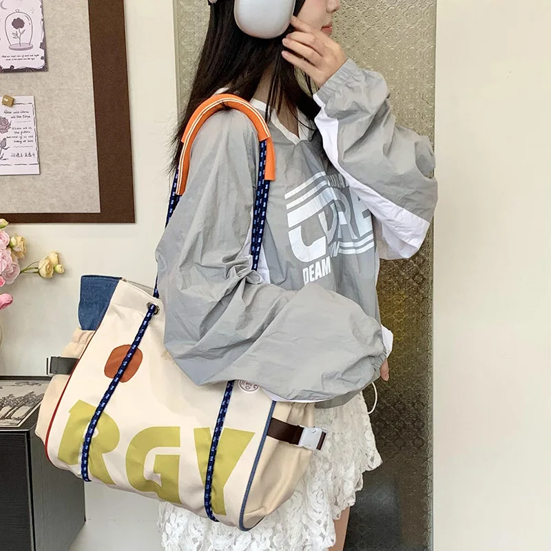 Nylon Shoulder Tote Bag Korean Letter Print Patchwork Handbag New Chic Large Capacity Casual Commuter Bag for College Women