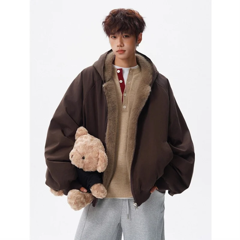 American-style Men Parkas Lining Fleece Loose Hooded Two-sided Wear Coat Handsome High Street Warm Windproof Cotton Jacket