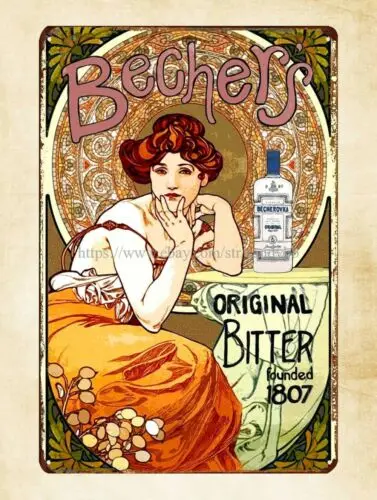 wall Art Nouveau Bechers Original Bitter 1807 Alphonse Mucha metal tin sign sign