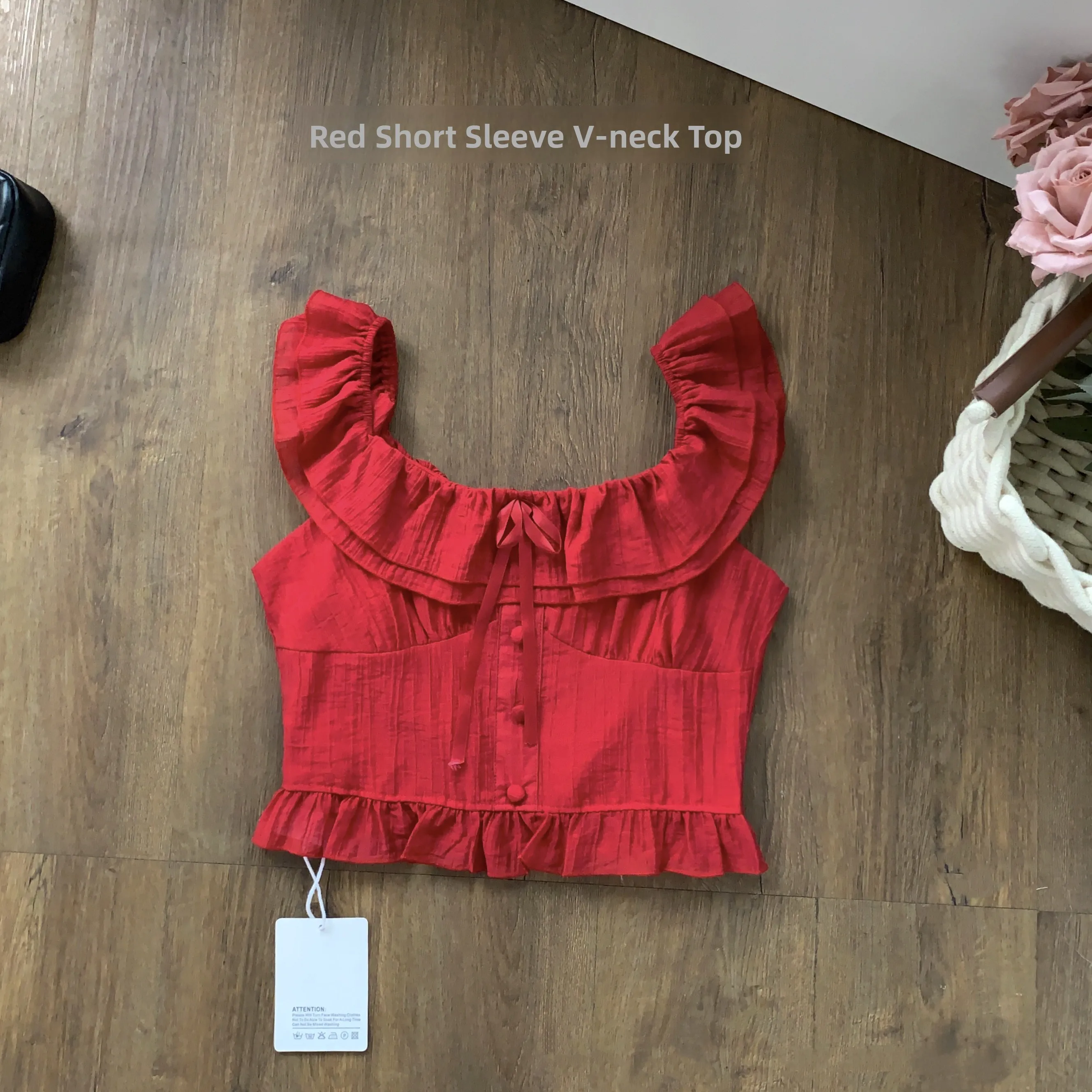 Lin Xiaxia Red ort المحاصيل الأعلى المرأة الصيف خمر ساحة طوق Svel سترة تنفس الدانتيل irt تخفيف Sle طويل S...