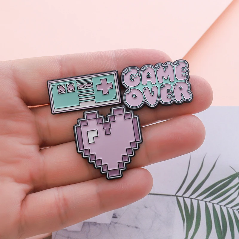 Pixel Art Enamel Pins Pixel Games Lapel Pins Game Over Cartoon Brooches Vintage Retro Game Metal Badges Heart Pins Up Wholesale