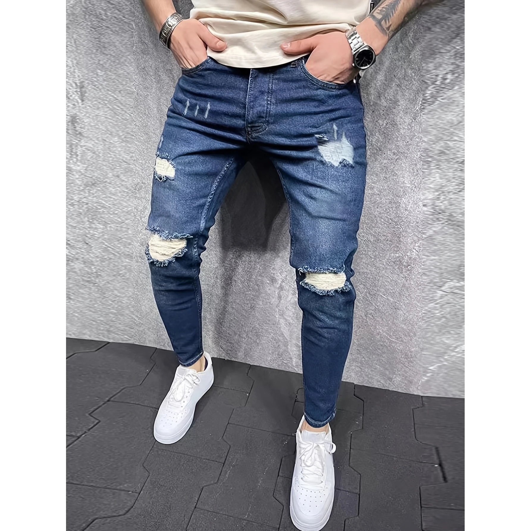 Trendy Men's Slim Fit Elastic Jeans High Waist Denim Pants Casual Style Youth Suitable All Seasons High Elasticity