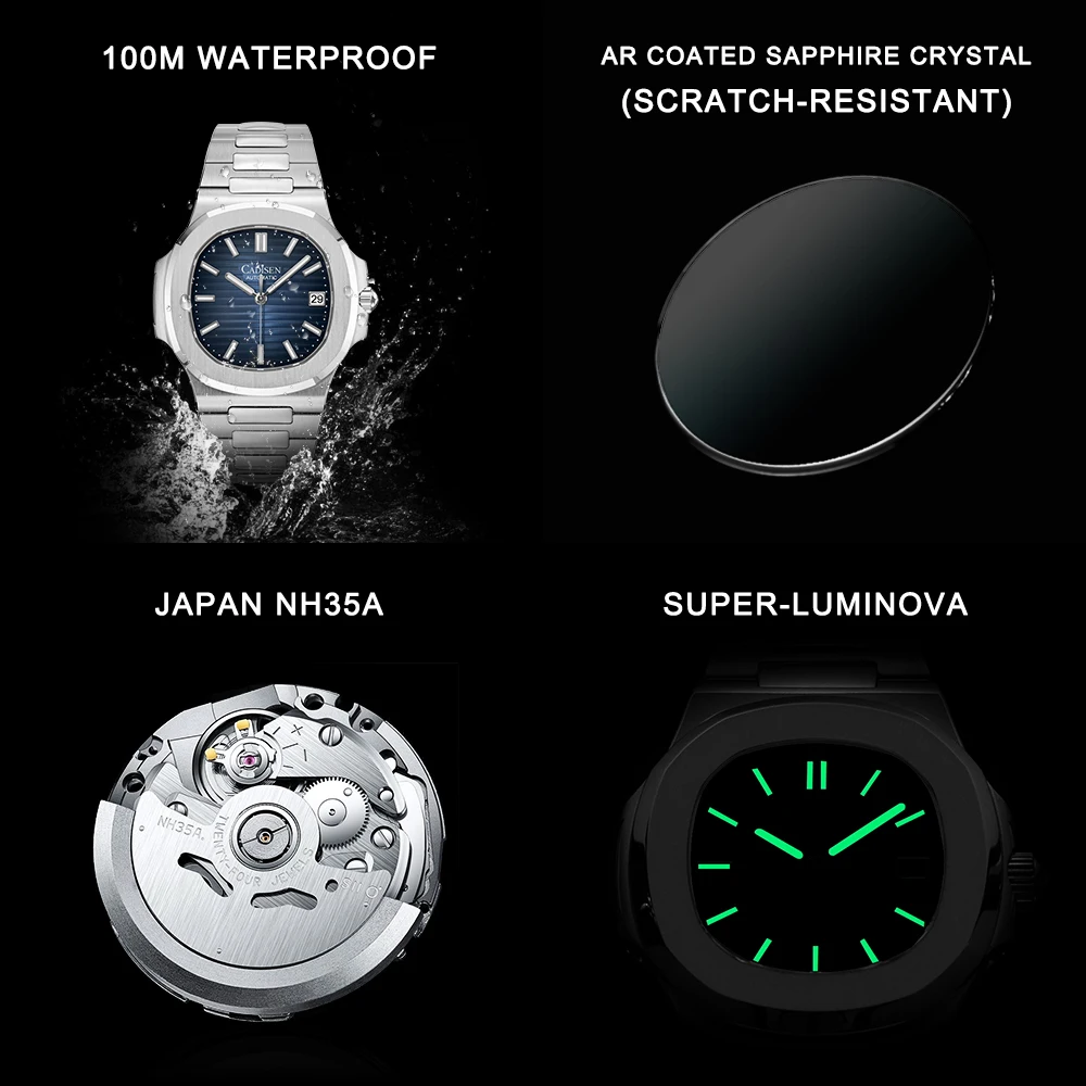 CADISEN Men Watch Top Brand Luxury Mechanical Watch Male 100M Waterproof Japan NH35A Automatic Sapphire Wrist Watch Blue Clock