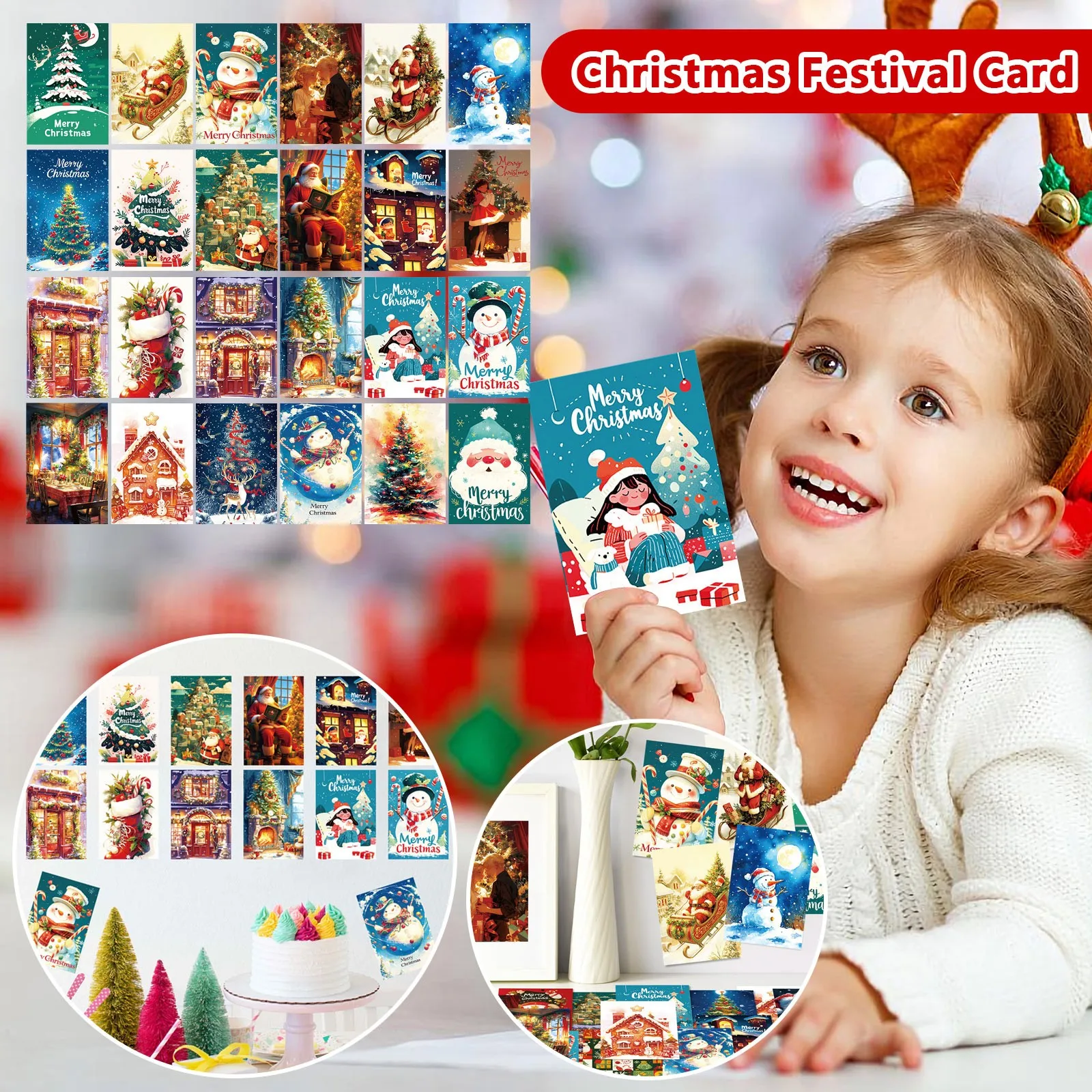 

50pcs Merry Christmas Card New Year Family Party Decoration Postcard Xmas Tree Snowman Decor Gift Cards Postcards