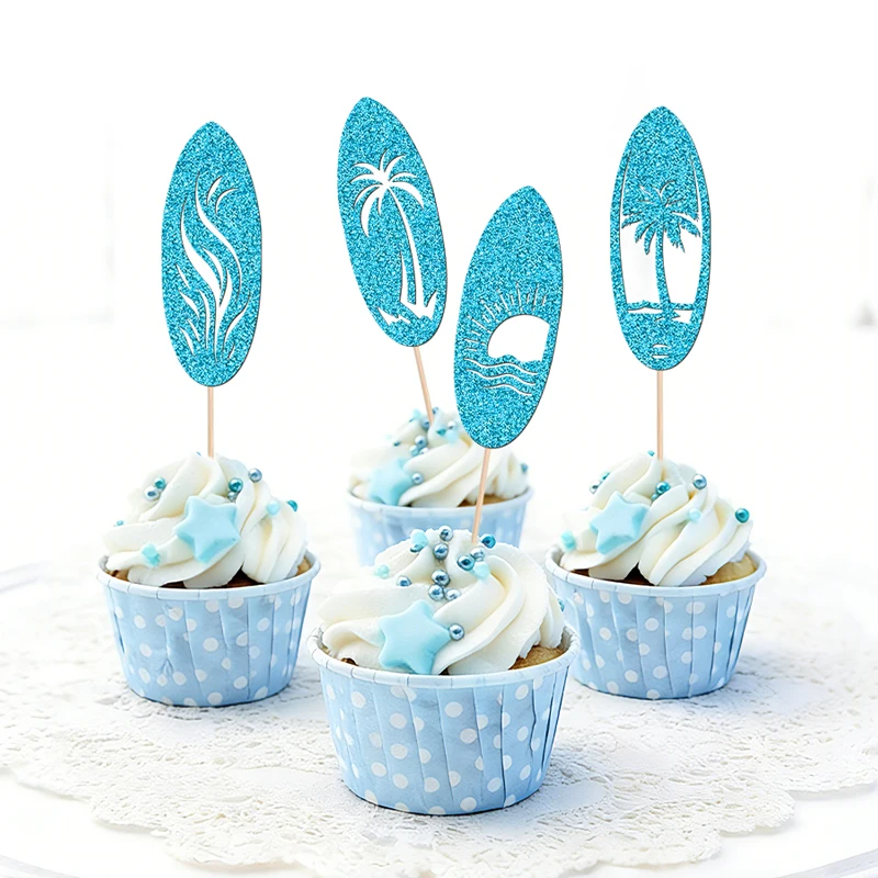 NUBECOM 24 Stück Surfbrett-Cupcake-Topper, glitzernde Sommer-Surfbrett-Kuchenaufsätze für Duschpartys und Dekorationen – Detail 10