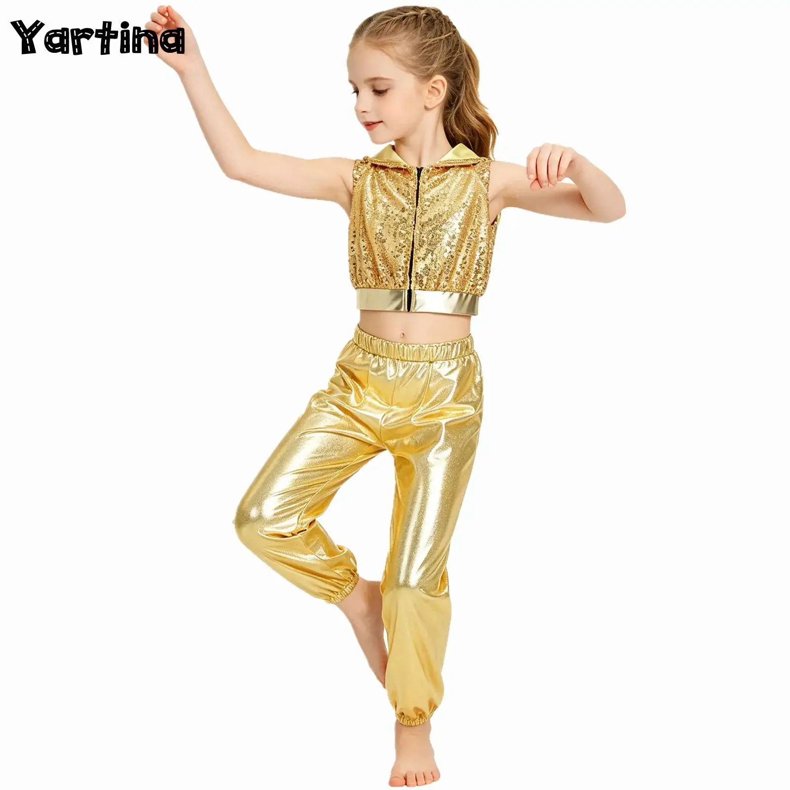 

Kids Girls Hip-Hop Jazz Dance Performance Costume Backless Front Zipper Sparkling Sequins Hooded Crop Top with Metallic Pants