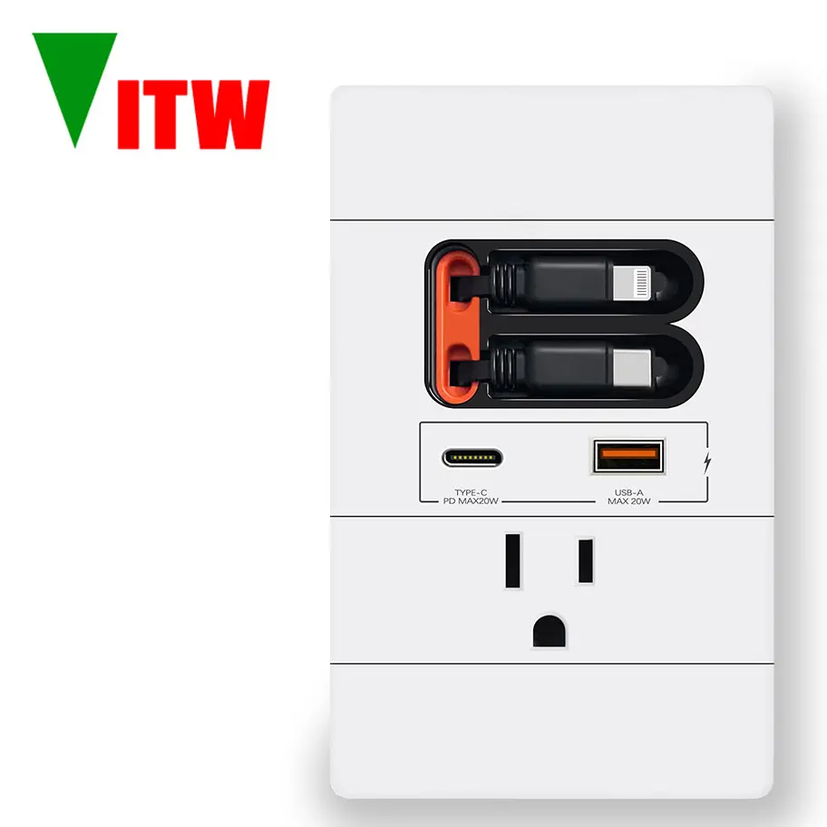 Vitw Type-C wall mounted USB American socket, 20W fast charging universal 5V 3100MA USBA+USB-C port, expandable data cable panel